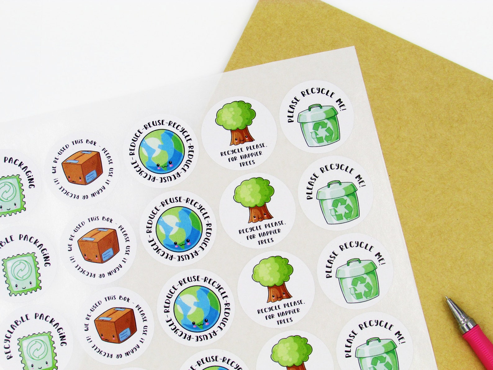 Recycled Recycling Kawaii Packaging Stickers 37mm Business Etsy