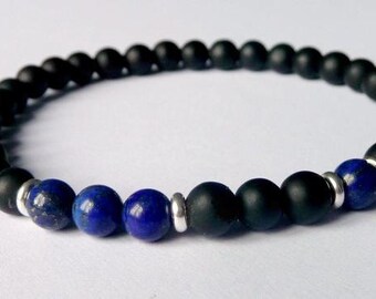 Heren ZWARTE armband//Matte Onyx, Lapis Lazuli//Handgemaakte edelsteen armband//Mannen Mala armband, Mala kralen armband, tribal, zilver