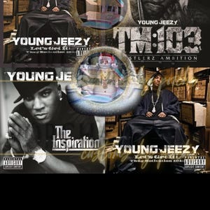 May include: A collage of four album covers featuring rapper Young Jeezy. The covers are for the albums "Let's Get It: Thug Motivation 101", "TM:103", "The Inspiration", and "Let's Get It: Thug Motivation 104".