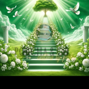 May include: A green staircase leading up to a bright light, surrounded by white flowers and doves flying in the sky. The staircase is framed by a green tree with a white light shining through the branches.