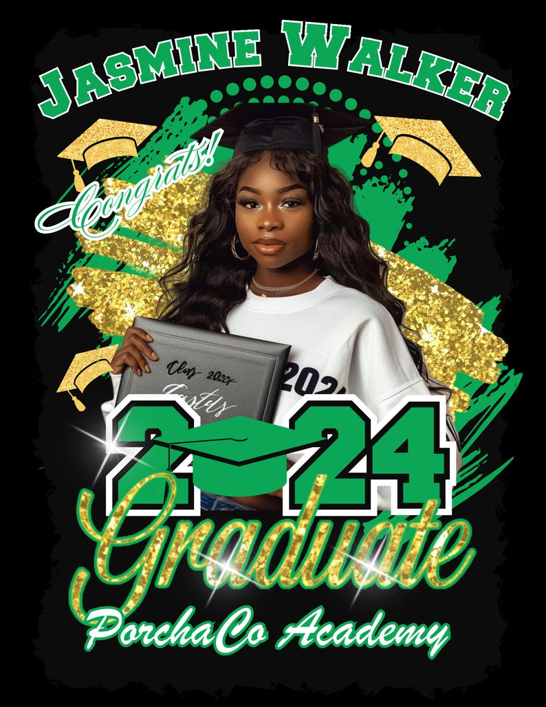EDITABLE GRADUATION Green and Gold T Shirt Design, in CANVA, 2024