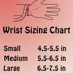 May include: A wrist sizing chart with a hand illustration and text. The chart lists small, medium, and large sizes, corresponding to wrist measurements of 4.5-5.5 inches, 5.5-6.5 inches, and 6.5-7.5 inches, respectively. The background is a gradient of pink and red.