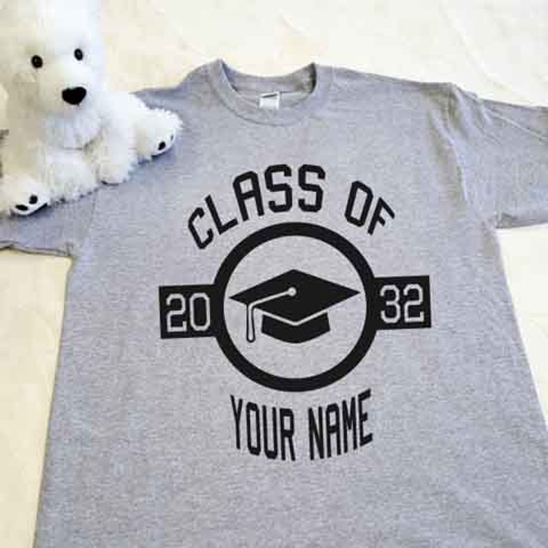 Optional grades on Back of Adult M to 2XL Class of Your Year Graduation Cap in Circle with Name on Youth or Adult size shirts