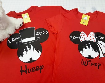 Disney Mickey and Minnie with Princess Castle Hubby and Wifey His and Her Wedding Shirts with Year