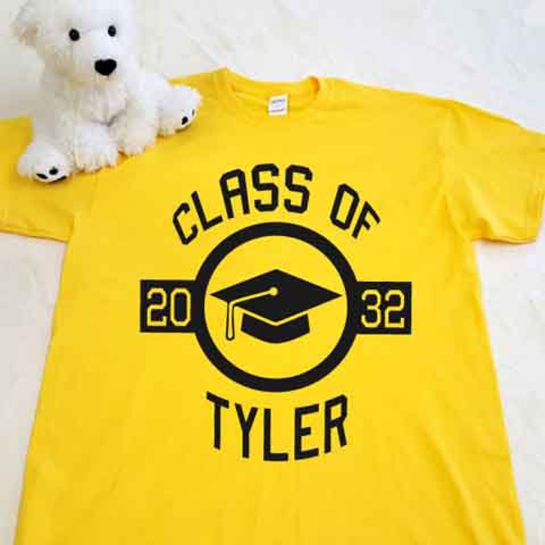 Optional grades on Back of Adult M to 2XL Class of Your Year Graduation Cap in Circle with Name on Youth or Adult size shirts