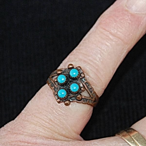 Vintage Copper Ring, Four Turquoise Stones, Marked Solid Copper, Beautiful Unique Vintage Ring