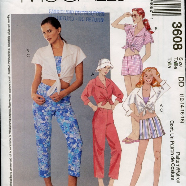 Summer Clothes Pattern, McCall's Capri Pants and Shorts, Tie Front Shirt, Midriff Top, Factory Fold Excellant Condition, Size 12 to 18