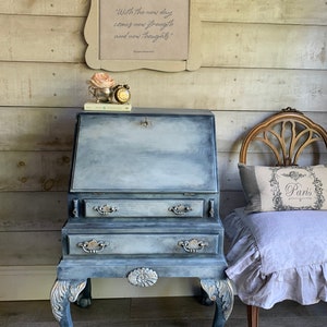 SOLD | French blue & cream antique secretary desk with claw feet and key | painted vintage desk with escutcheon | hand painted desk