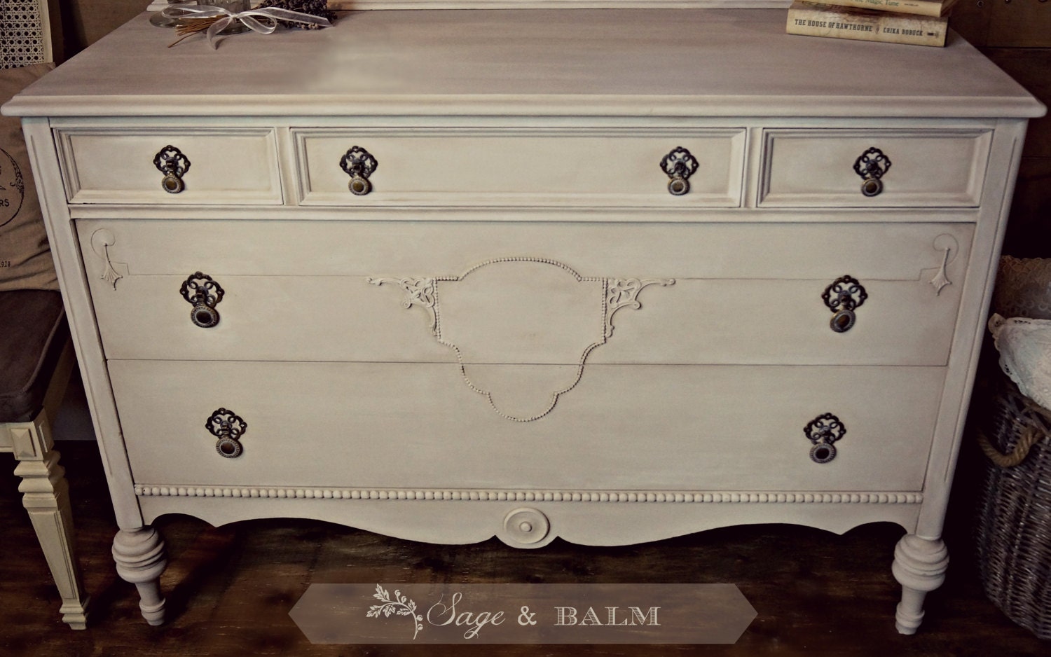 cream colored dresser Antique Cream Turned Leg 6 Drawer Chest