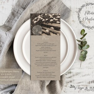 Rustic Hydrangea digital & printable menu template | editable wedding or event menu template | DIY rustic grey wedding or event menu