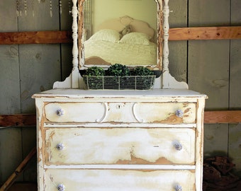 SOLD | Shabby chic white & yellow painted distressed antique dresser | Painted antique dresser furniture | white dresser with mirror