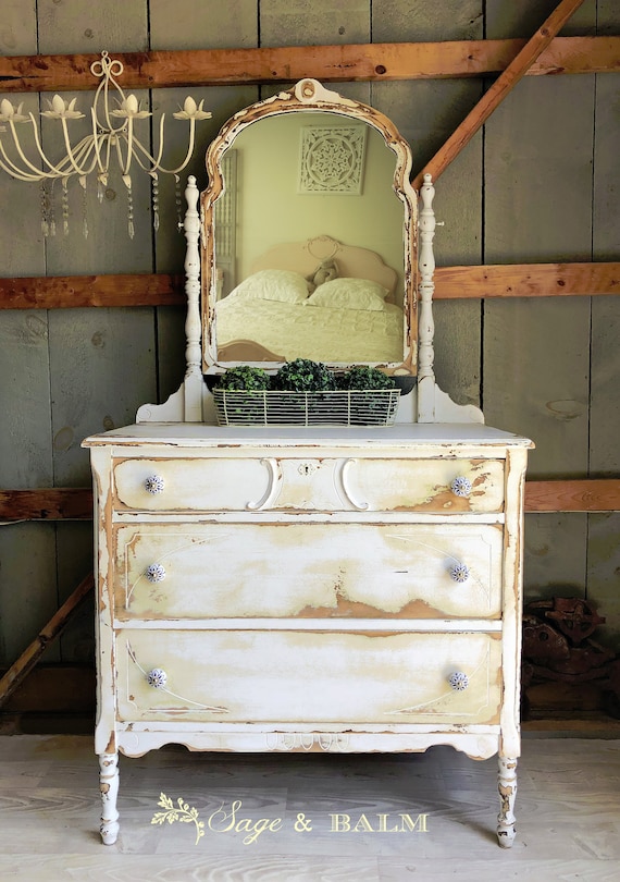 Sold Shabby Chic White Yellow Painted, How To Paint A Dresser White Shabby Chic