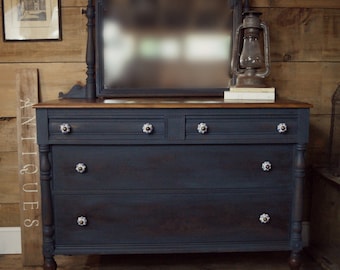 SOLD | Midnight blue vintage painted dresser with tilt mirror|  milk painted dresser painted furniture | painted buffet | antique dresser