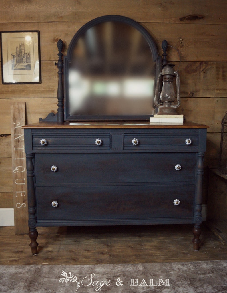 Sold Midnight Blue Vintage Painted Dresser With Tilt Mirror Etsy