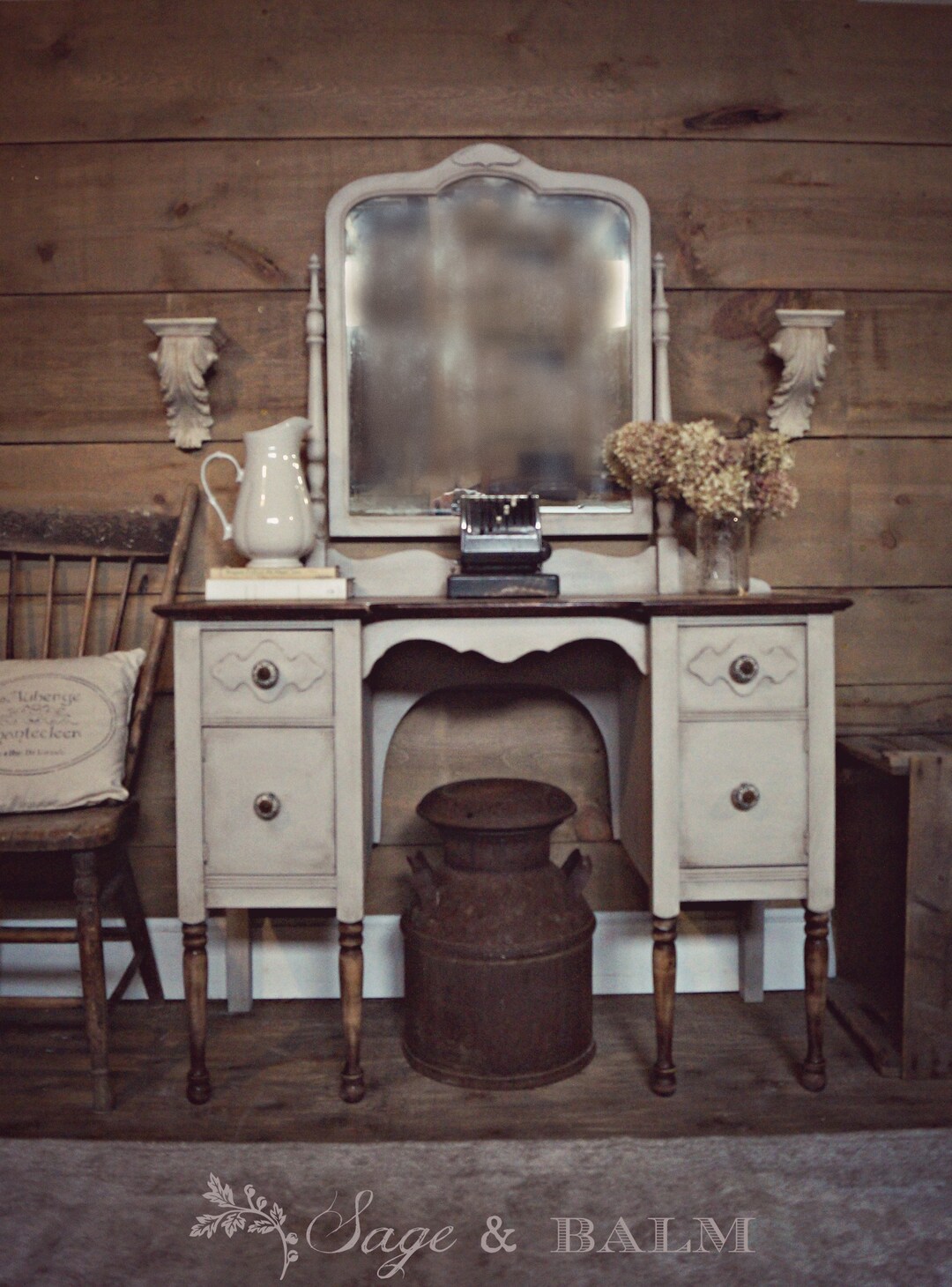 SOLD Vintage Antique Grey Vanity Desk With Mirror Chalk Painted Rustic