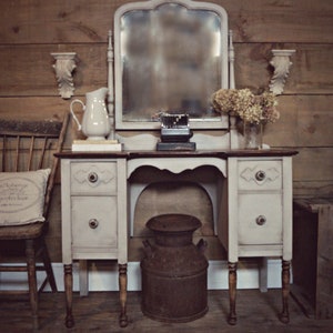 SOLD | Vintage antique grey vanity desk with mirror | chalk painted rustic vanity with glass knobs | distressed vanity | painted desk