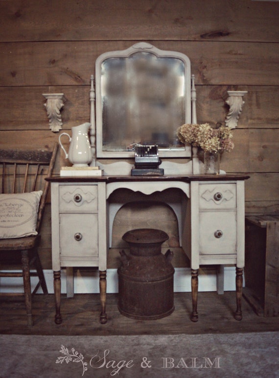 Sold Vintage Antique Grey Vanity Desk With Mirror Chalk Etsy