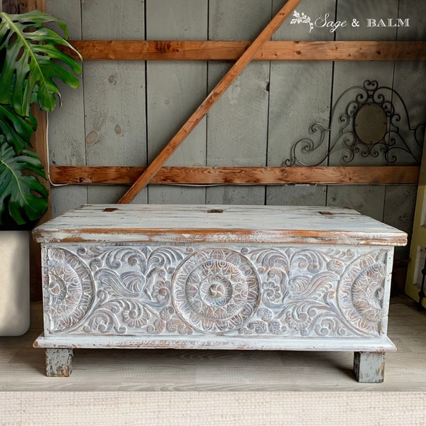 Reclaimed wood Boho antique trunk coffee table | salvaged painted coffee table with storage | Indian carved wood coffee table or bench