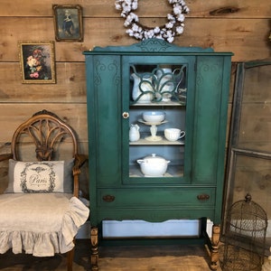 SOLD PORTFOLIO PIECE | antique painted china | Emerald green antique painted furniture cabinet | green linen cabinet