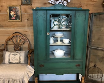 SOLD PORTFOLIO PIECE | antique painted china | Emerald green antique painted furniture cabinet | green linen cabinet