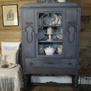 SOLD | Grey gustavian shabby chic antique china cabinet hutch | distressed chalk painted furniture | grey Depression era painted cabinet