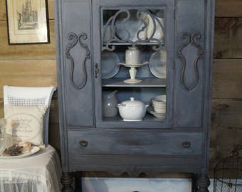 SOLD | Grey gustavian shabby chic antique china cabinet hutch | distressed chalk painted furniture | grey Depression era painted cabinet
