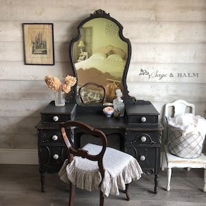 SOLD - portfolio piece | Black painted antique vanity with mirror | shabby chic black dressing table | black painted antique makeup table