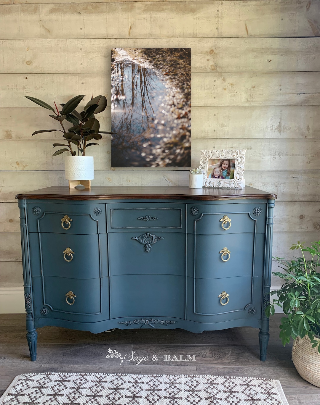 SOLD | Teal & Walnut Serpentine Front Buffet or Entry Console