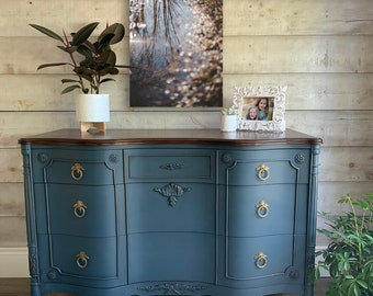 SOLD | Teal & walnut serpentine front buffet or entry console | painted antique bow front dresser furniture | blue vintage buffet dresser