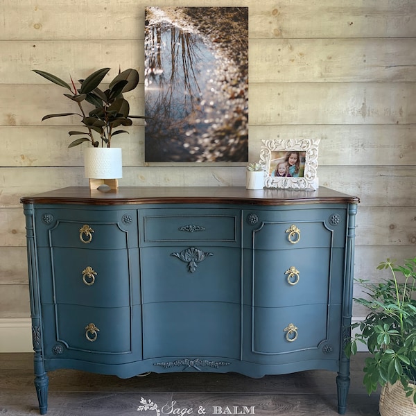 SOLD | Teal & walnut serpentine front buffet or entry console | painted antique bow front dresser furniture | blue vintage buffet dresser