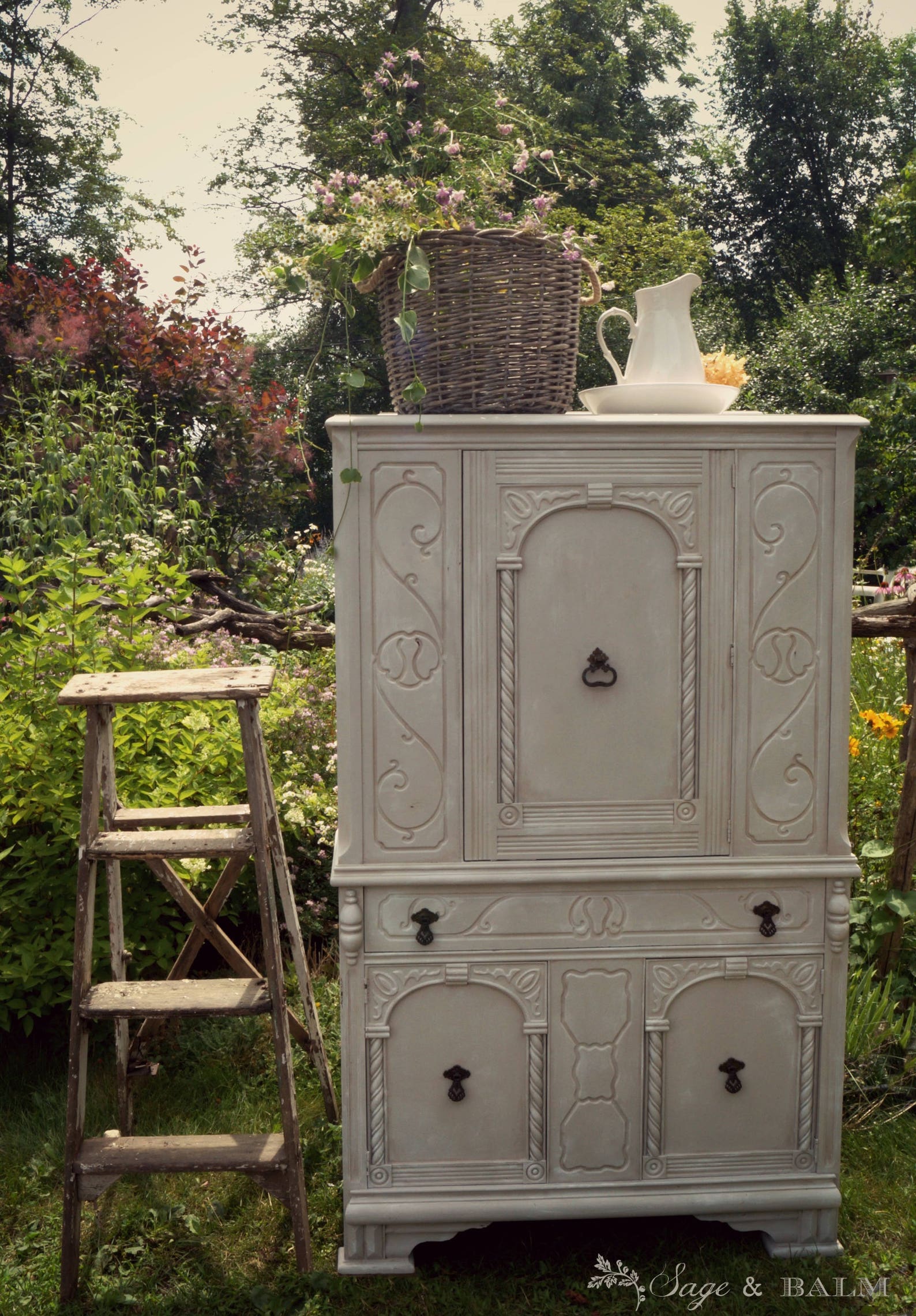 SOLD Shabby Chic Painted Armoire Hutch Painted Linen Chalk
