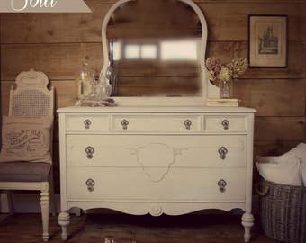 SOLD| Cream & grey Gustavian painted antique dresser, shabby chic dresser, vintage style, painted dresser with mirror, cottage style dresser