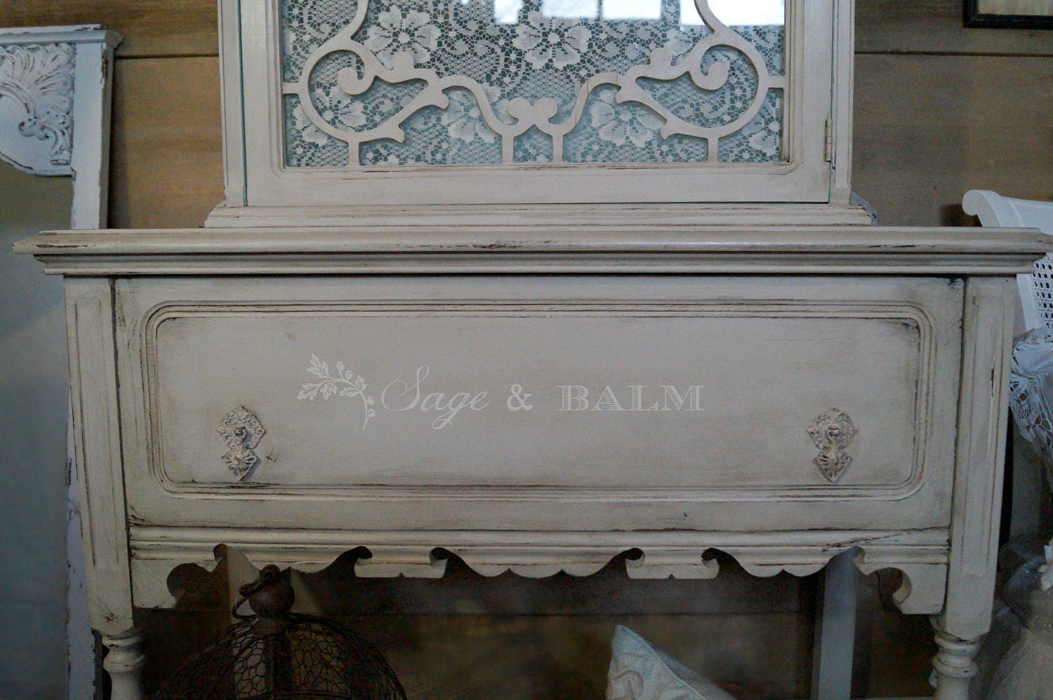 SOLD Custom for Denise Antique Shabby Chic Grey & Aqua China