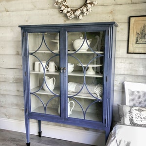 SOLD | Blue vintage painted China or Linen cabinet | blue painted glass-front storage cabinet | blue painted antique furniture cabinet