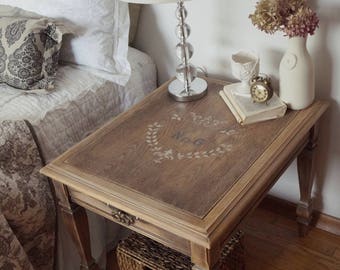 SOLD | French farmhouse shabby chic painted night stand side-table end table, cottage style antique vintage driftwood table