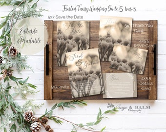 Frosted Tansy Wedding stationery Invite template set (5)| Edit & print rustic winter wedding invite templates | Winter wedding DIY invites