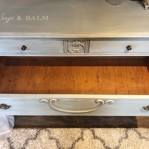 SOLD Antique light blue shabby chic Gustavian painted buffet/dresser chalk painted entryway dresser on castors blue painted furniture image 7