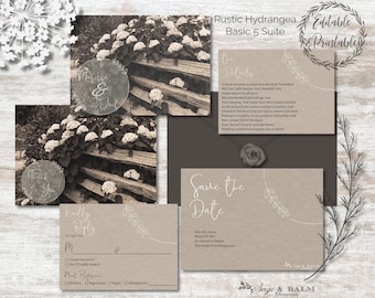 Rustic Hydrangea set of basic 5 digital & printable wedding templates | editable wedding invite templates | rustic grey wedding invite set