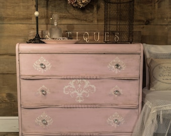 SOLD | Pale pink shabby distressed chalk painted antique dresser, shabby chic baby change table dresser, painted chest of drawers, entryway
