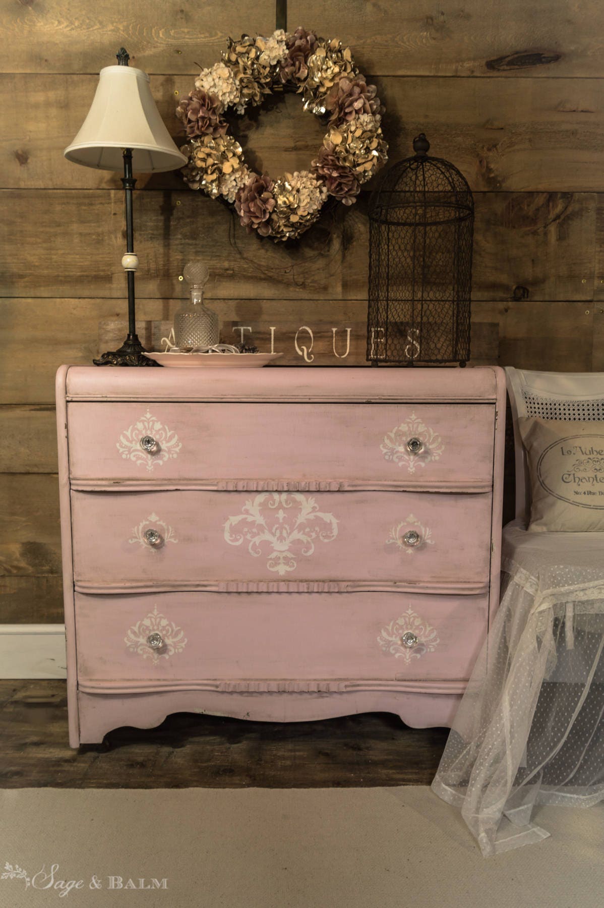 SOLD Pale Pink Shabby Distressed Chalk Painted Antique Dresser