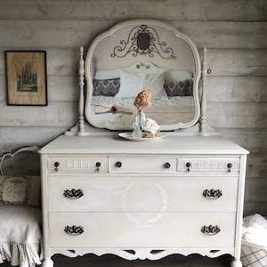 SOLD - PORTFOLIO PIECE | Antique white painted dresser with mirror | Antique 5 drawer painted dresser furniture | French white dresser