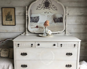 SOLD - PORTFOLIO PIECE | Antique white painted dresser with mirror | Antique 5 drawer painted dresser furniture | French white dresser