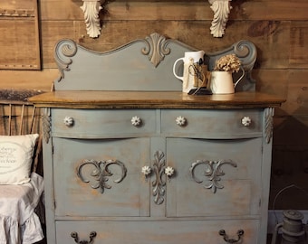SOLD | Sage green antique painted buffet sideboard | painted distressed patina furniture | farmhouse shabby sideboard linen cabinet