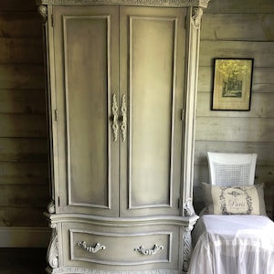 SOLD - Portfolio piece | Grey French painted armoire or wardrobe | Shabby chic cottage style painted furniture | Grey-beige Vintage armoire