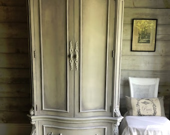 SOLD - Portfolio piece | Grey French painted armoire or wardrobe | Shabby chic cottage style painted furniture | Grey-beige Vintage armoire