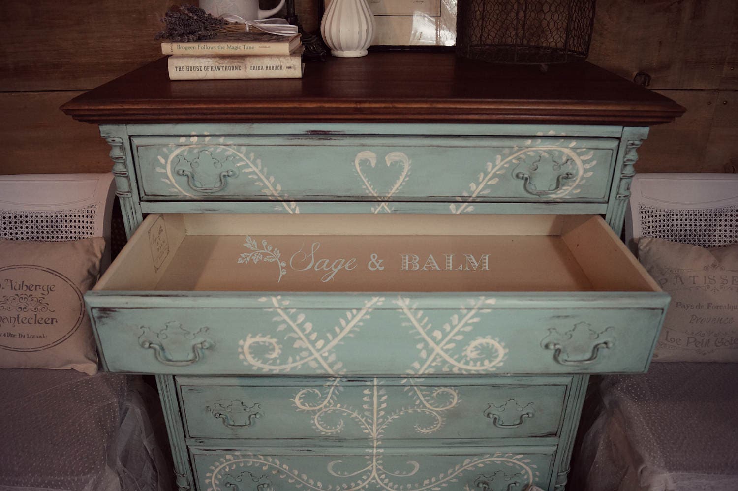 blue shabby chic dresser Blue Patterned Vintage Style Chest Of Drawers  Bone Inlay... M(60"Wx18"Dx30"H) / Bone-like