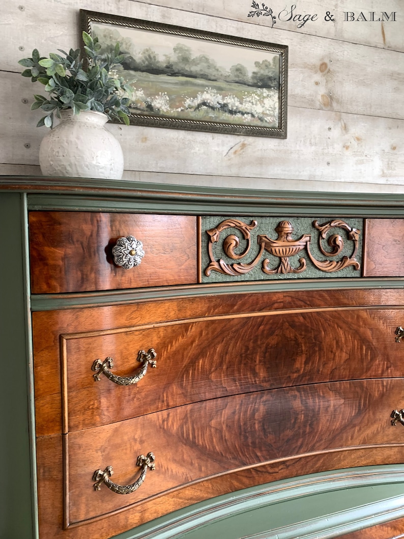 SOLD | Green & Mahogany Antique Wood Tallboy Dresser | Painted ...