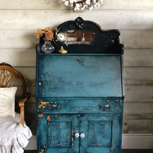 VENDUTO - Portfolio piece / Chippy blue & verde acqua antique painted secretary desk / vintage blue distressed desk / blue primitive furniture