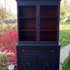 SOLD| Antique shabby chic midnight navy blue china cabinet, hutch, painted furniture, cottage-chic, chalk painted, distressed, upcycled