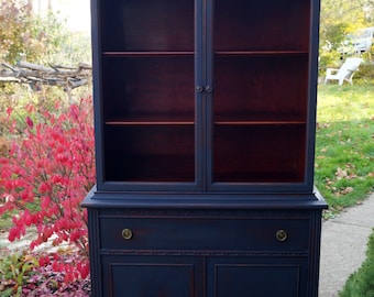 SOLD| Antique shabby chic midnight navy blue china cabinet, hutch, painted furniture, cottage-chic, chalk painted, distressed, upcycled